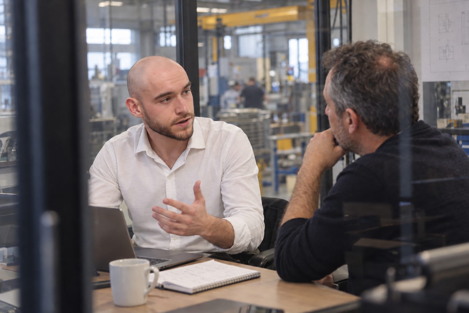 Lucas Maitre analyse un processus industriel avec une responsable d’atelier